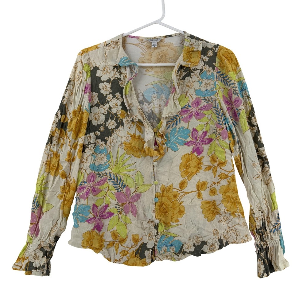Guess Blouse Womens Small Multicolor Floral Henley Long Sleeve Sheer Top